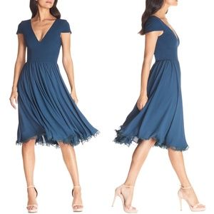 NEW Dress the Population Corey V Neck Short Sleeve Chiffon Lace Trim Midi Dress